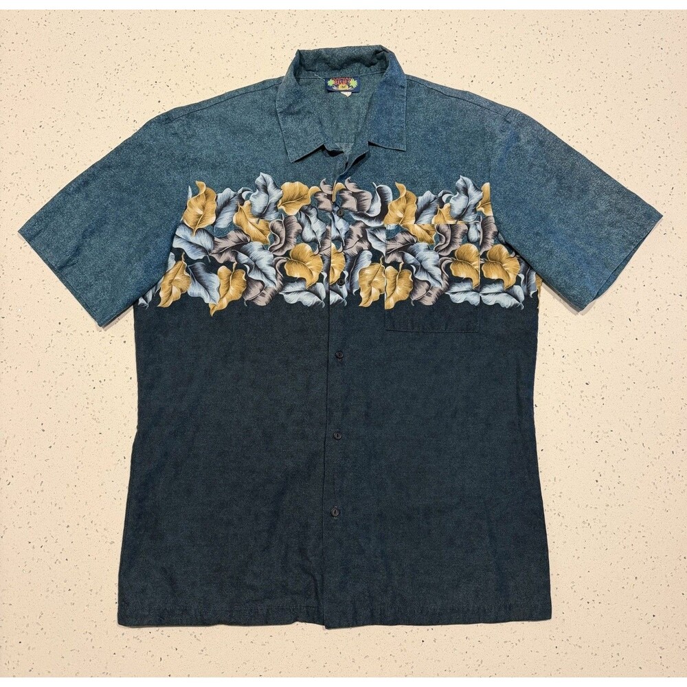 Hawaii Blues Hawaiian Aloha Camp Shirt Men Medium Made in USA Tonal Border Print